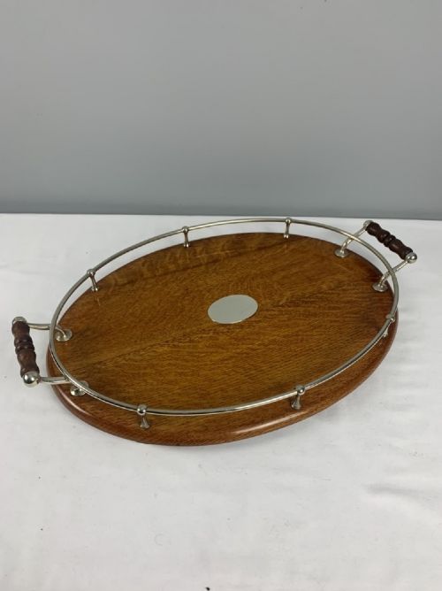 Large Oval Oak & Silver Gallery Drinks Tray