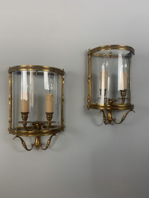 Pair of French Gilded Convex Half Lanterns, Wall Lights, Rewired
