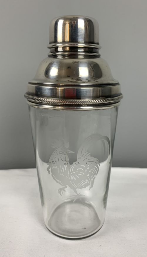 James Dixon Art Deco Cockerel Glass & Silver Plated Cocktail Shaker