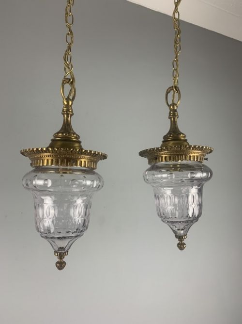 Pair of Gilt Brass French Cut Glass Ceiling Lights, Original Shades, Rewired