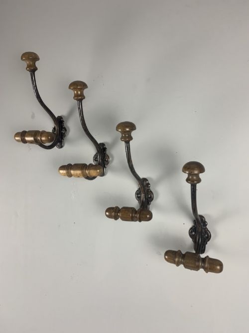 C1900 Set of 4 French Iron & Wood Coat Hooks