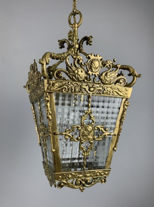 French Gilt Brass Lantern with Dragons & Knights, Rewired