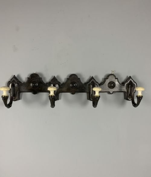 French C1900 Iron & Porcelain Coat Rack, Coat Hooks