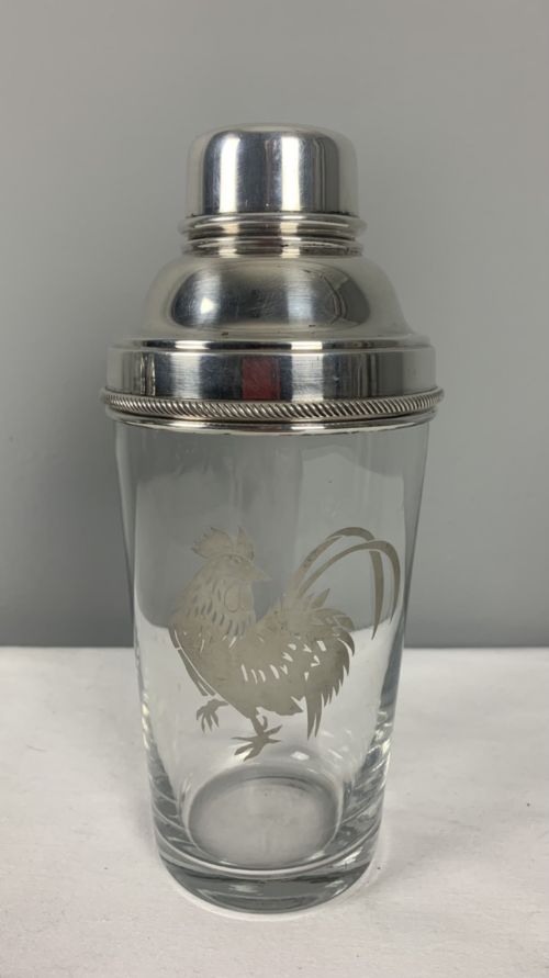 James Dixon Art Deco Cockerel Glass & Silver Plated Cocktail Shaker