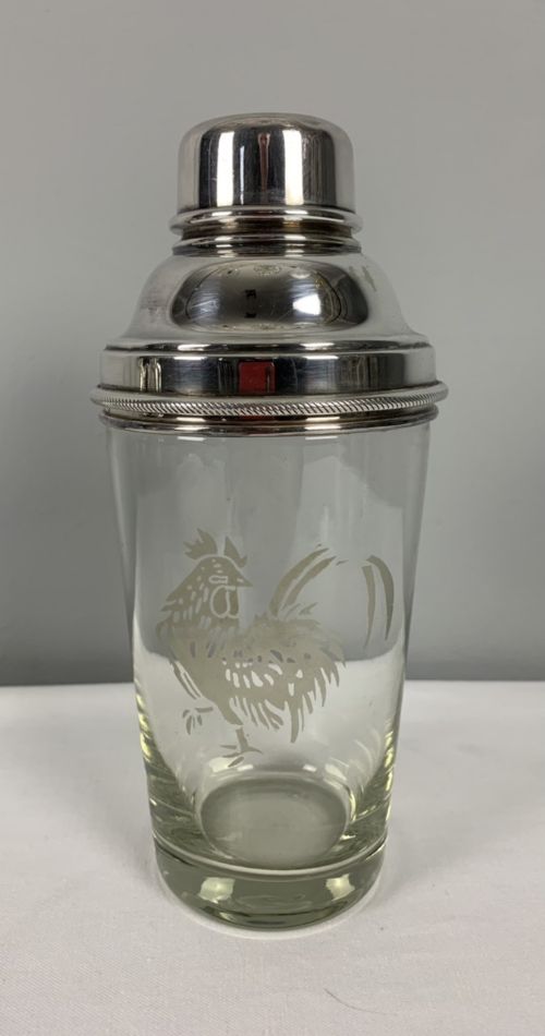 James Dixon Art Deco Cockerel Glass & Silver Plated Cocktail Shaker