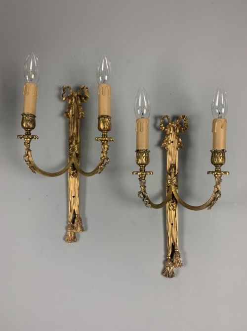 French Pair of Gilded Brass Ribbon Wall Lights, Rewired