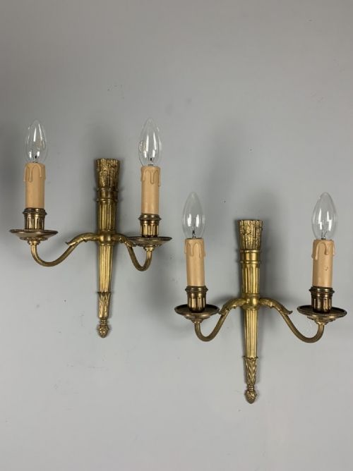 Pair of French Gilt Brass Classical Wall Lights, Rewired