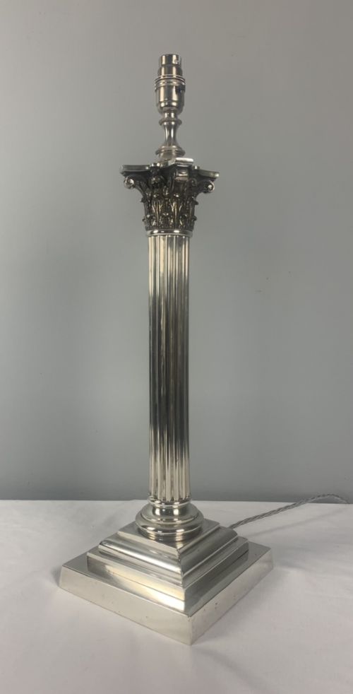 Victorian Silver Plated Corinthian Column Table Lamp C 1880 19th Century, Rewired and Pat Tested