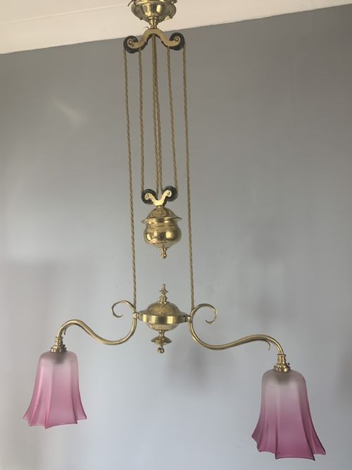 C1920 Brass Rise & Fall Ceiling Light with Cranberry Glass Shades; Rewired