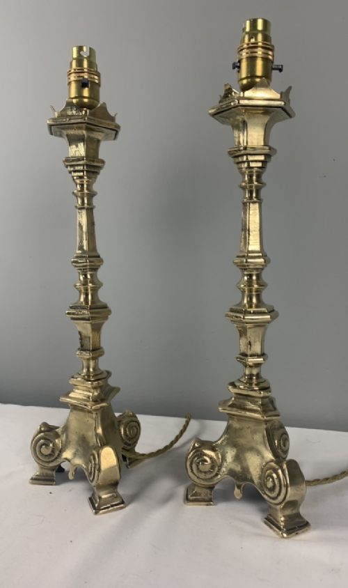 Pair of 19th Century Heavy Brass Altar Table Lamps, Rewired and Pat Tested