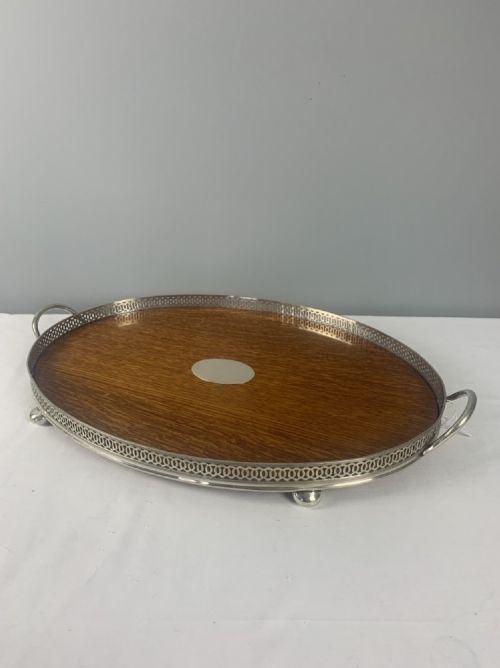 Large Oval Oak & Silver Gallery Drinks Tray