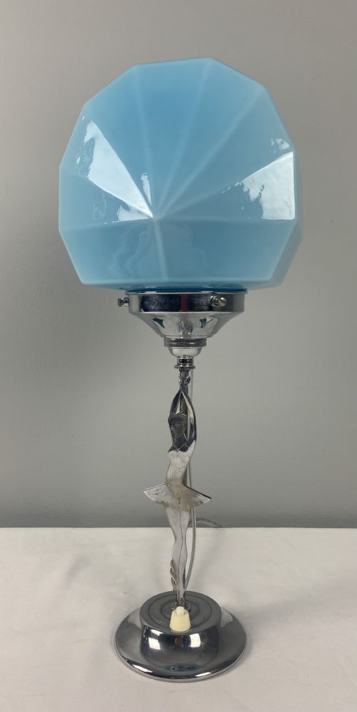 Art Deco Chrome Figural Lady Table Lamp, Original Shade, C1930, Rewired and Pat Tested
