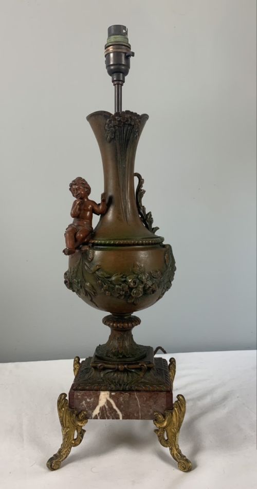 French Bronzed Spelter Cherub Table Lamp, C1900,  Rewired and Pat Tested