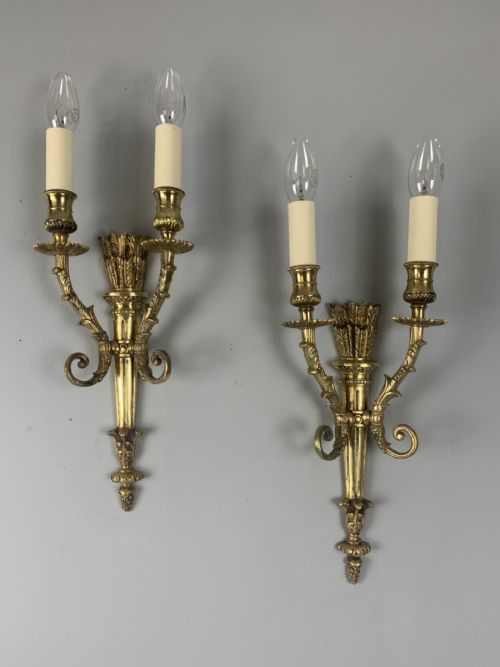 Pair of French Brass Wall Lights, Rewired