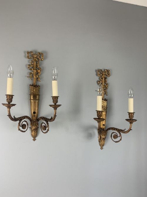 Large Pair of Gilt Bronzed French Wall Lights, Rewired