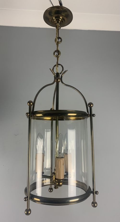 French Aged Brass Triple Light 1930s Lantern, Rewired