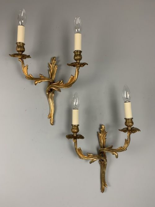 Pair of French Gilt Brass Wall Lights, Rewired