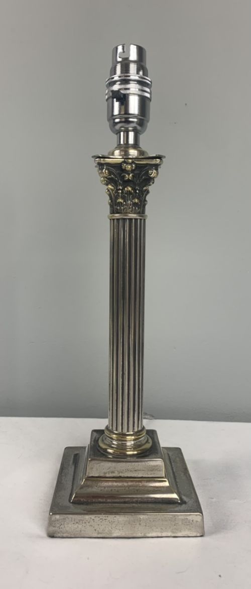 Small Distressed Silver Plated Brass Corinthian Column Table Lamp, Rewired and Pat Tested
