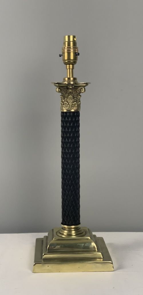 Brass Corinthian Column Table Lamp with Ebonised Wood Column, Rewired and Pat Tested