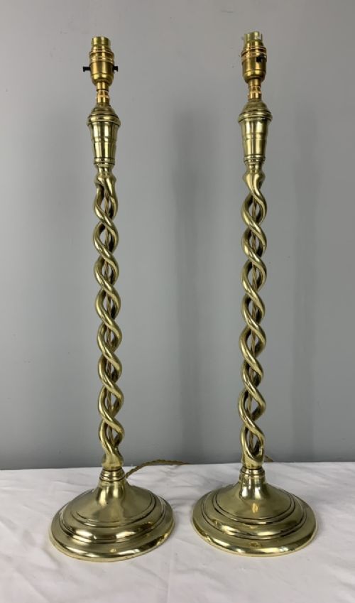 1920s Tall Brass Twist Pair of Table Lamps, Rewired and Pat Tested