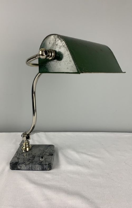 French Art Deco Chrome, Marble & Green Enamel Shade, Bankers Lamp, Table Lamp, Rewired and Pat Tested