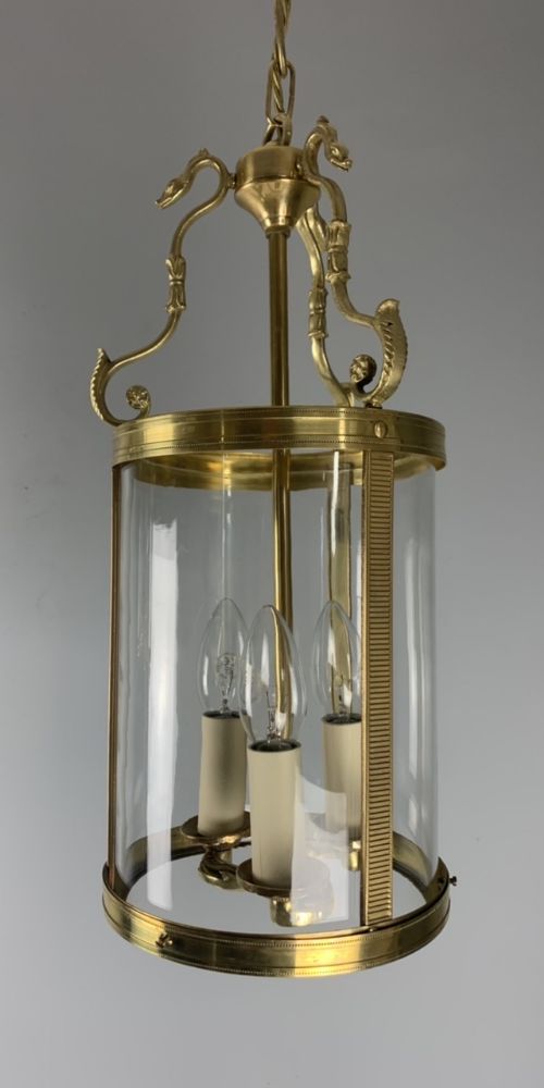 French Polished Brass Triple Light Lantern with Serpents, Rewired