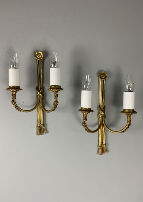 Pair of Ribbon Gilt Brass Wall Lights, 1930s, Rewired