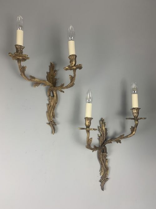Large Pair of French Rococo Aged Gilt Brass Wall Lights, Rewired