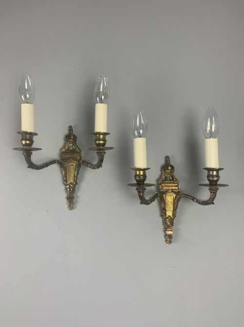 Small 19th Century Pair of Aged Gilt Brass French Wall Lights, Rewired