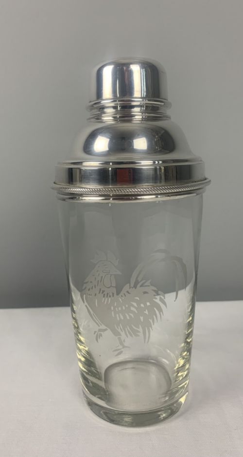 James Dixon Art Deco Cockerel Glass & Silver Plated Cocktail Shaker