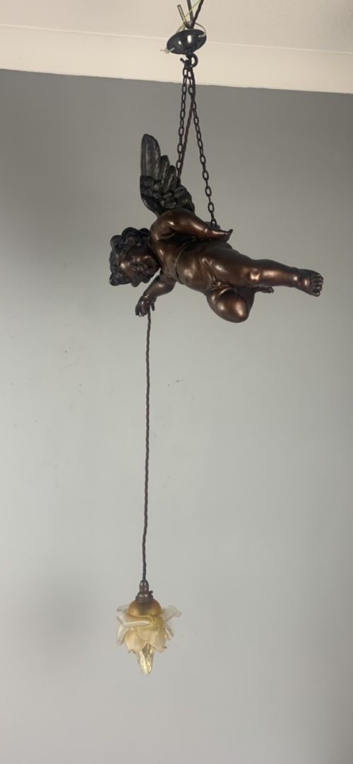 Large French Spelter Bronzed Cherub Ceiling Light, Original Shade, Rewired
