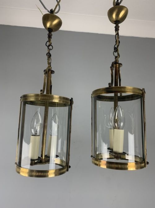 French Pair of Small Twin Light Convex Brass Lanterns, Rewired