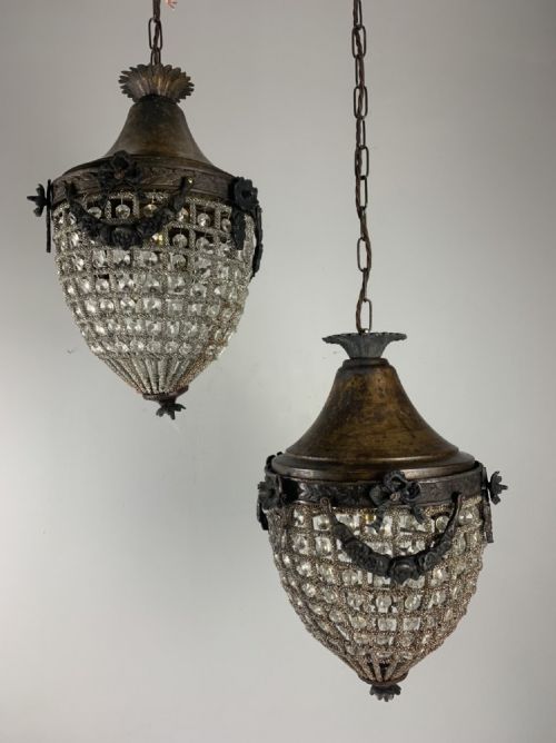 Pair of Aged Brass Rustic Beaded Glass Single Light Lanterns, Rewired