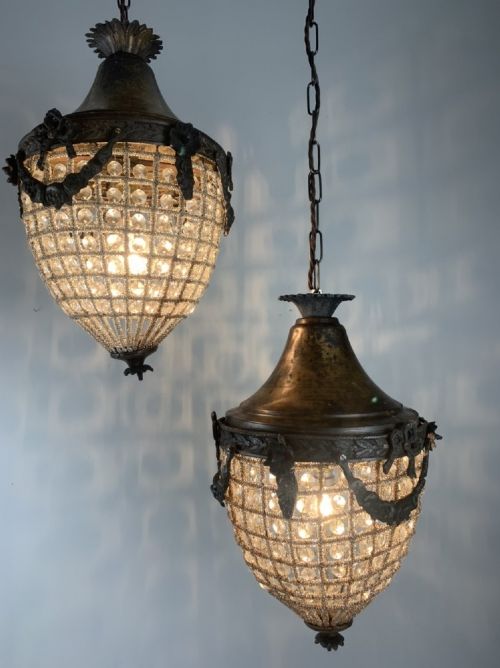 fig 1. Pair of Aged Brass Rustic Beaded Glass Single Light Lanterns, Rewired 