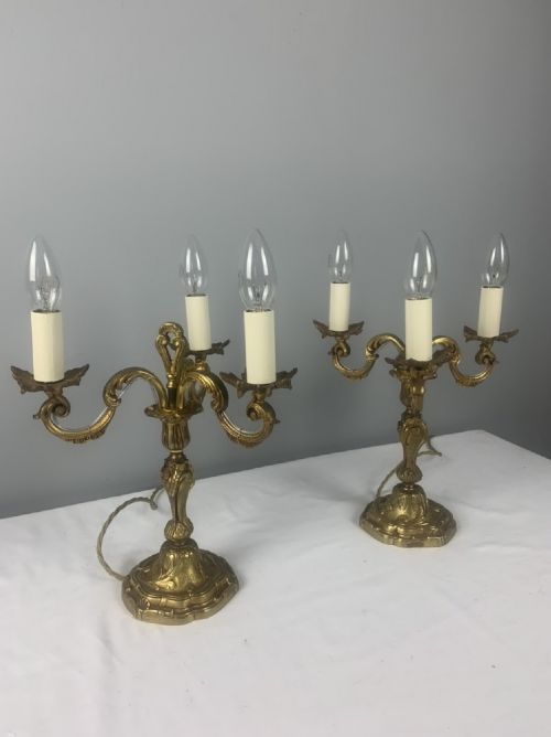 Pair of French Gilt Brass Triple Light Candelabra Table Lamps, Rewired and Pat Tested