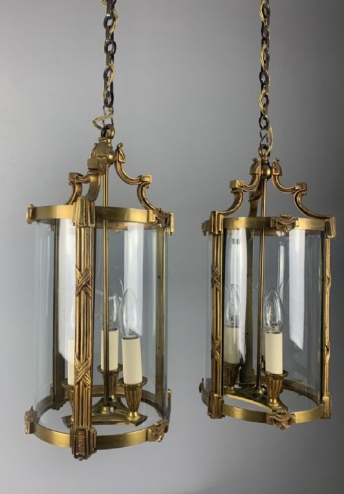Large Pair of French Gilt Brass Triple Light Lanterns, Rewired