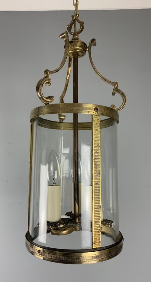 French Triple Light Brass Convex Lantern, Rewired