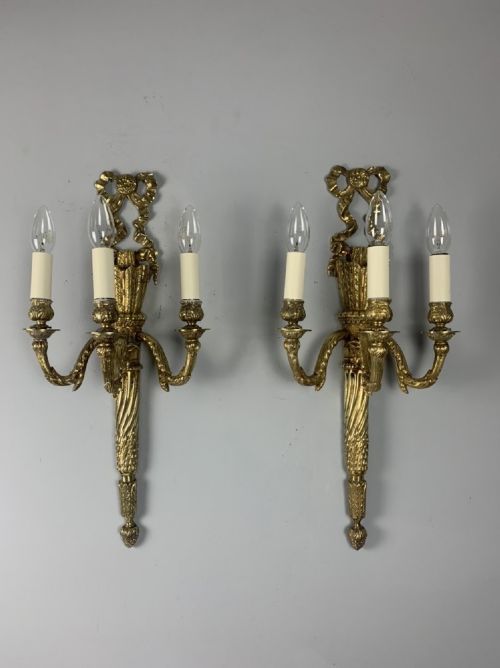 Large French Rams Head Brass Triple Light Wall Lights, Rewired