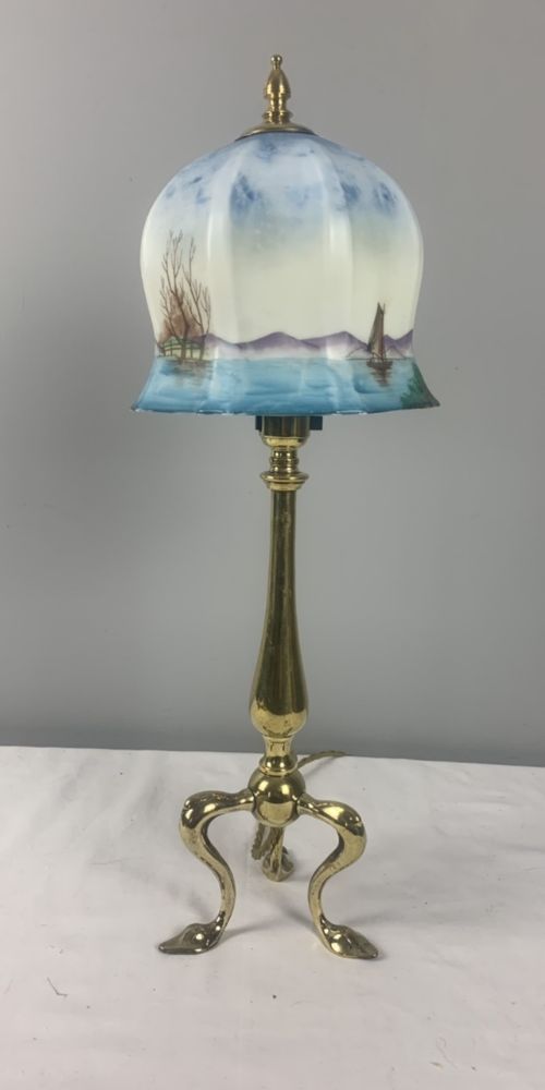 C1910 Brass Tripod Table Lamp with Original Ceramic Shade, Rewired and Pat Tested