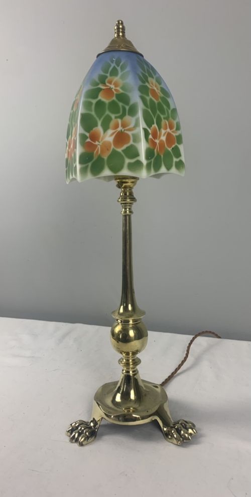 C1910 Brass Claw Foot Table Lamp with Original Ceramic Shade, Rewired and Pat Tested