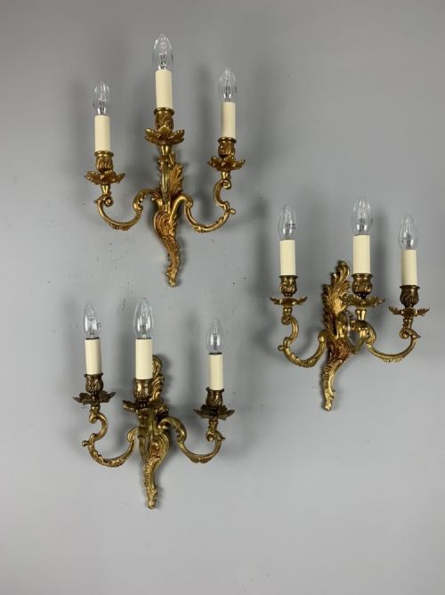Set of Three Triple Light Gilt Brass French Wall Lights, Rewired