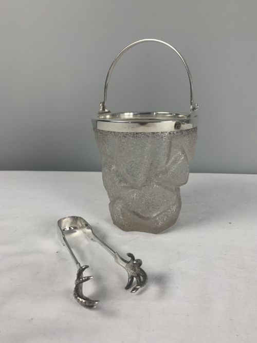 Art Deco Silver Plated Crackle Glass Ice Bucket & Tongs