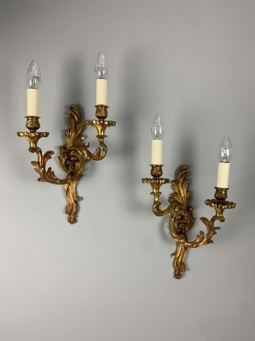 French Pair of Bronze Antique Wall Lights Wall Sconces, Rewired
