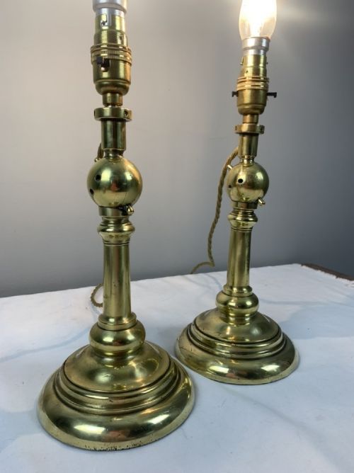 fig 1. Pair of German WW1 Heavy Brass Gimbal Naval Ships Table Lamps from SMS Emden, Rewired and Pat tested 