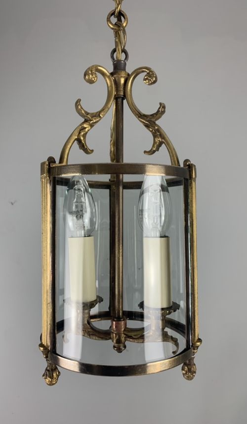 Small French Twin Light Convex Brass Lantern, Rewired