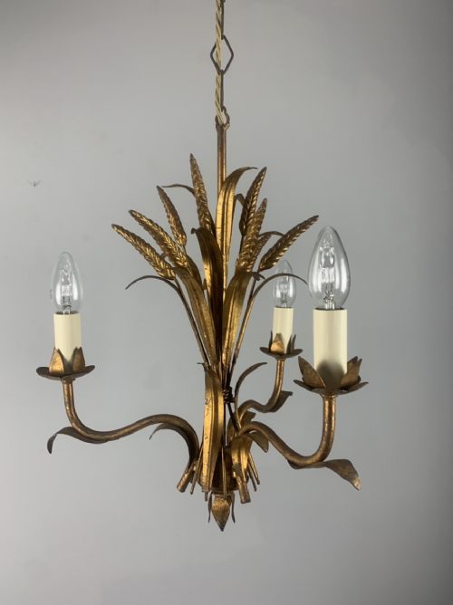 French Wheatsheaf 3 Gilt Branch Chandelier , Ceiling Light, Rewired