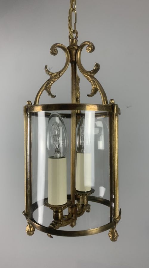 Small French Twin Light Convex Brass Lantern, Rewired