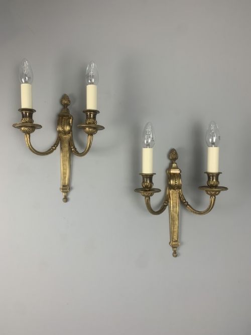 French Gilt Brass Pair of Wall Lights, Rewired