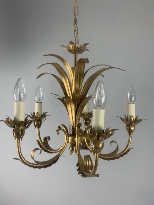 French 5 Branch Palm Gilt Brass Chandelier Ceiling Light, Rewired