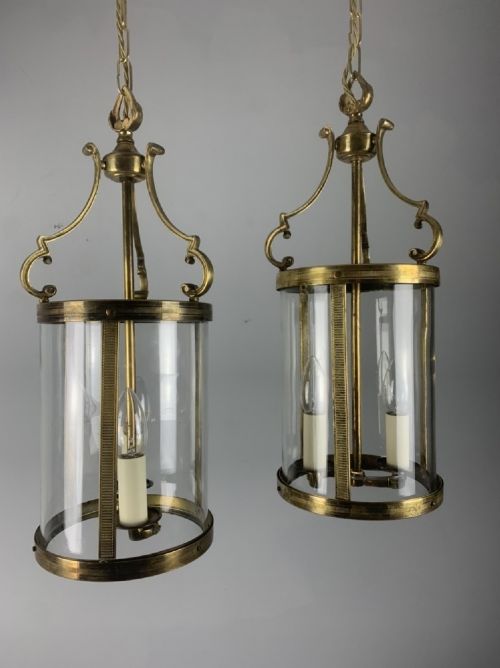 Pair of French Brass Twin Light Convex Lanterns, Rewired